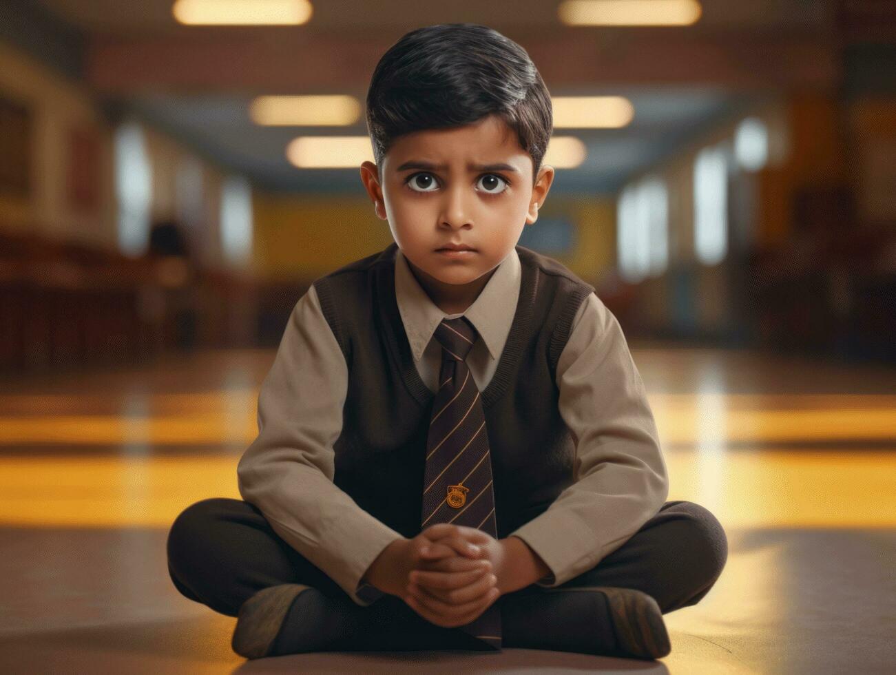 photo of emotional dynamic pose Indian kid in school AI Generative