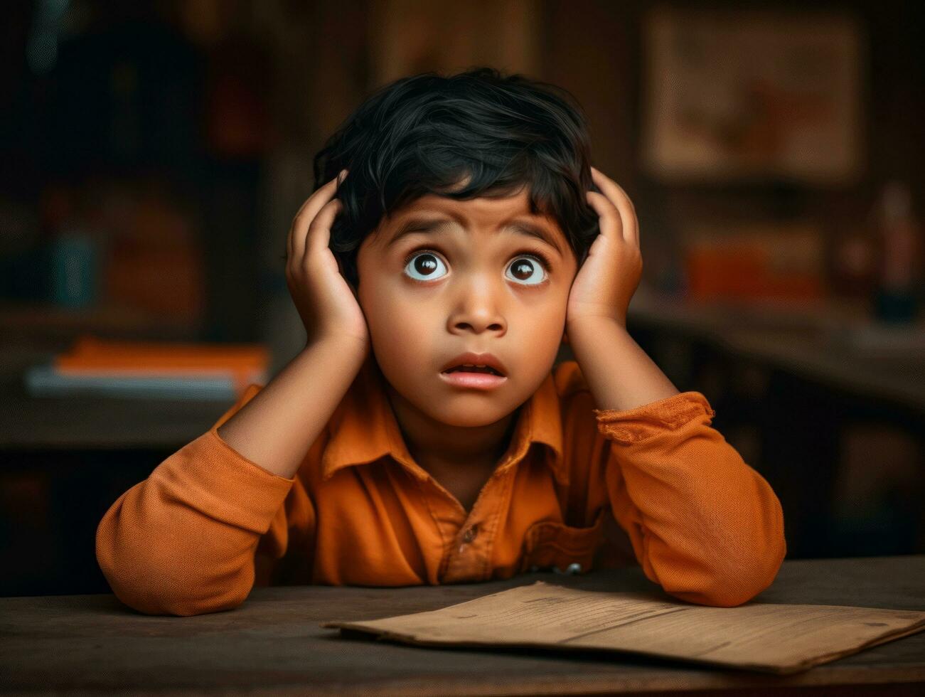 photo of emotional dynamic pose Indian kid in school AI Generative