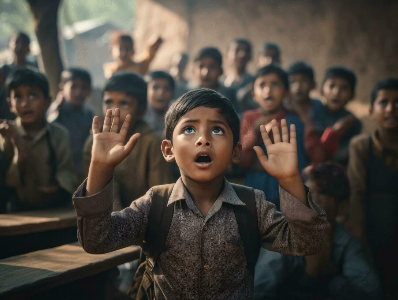 foto de emocional dinámica actitud indio niño en colegio ai generativo