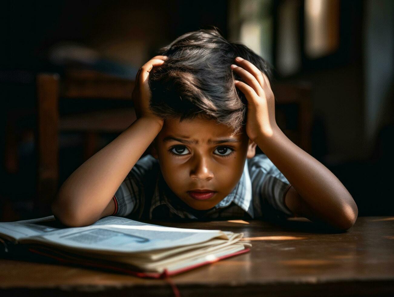 foto de emocional dinámica actitud indio niño en colegio ai generativo