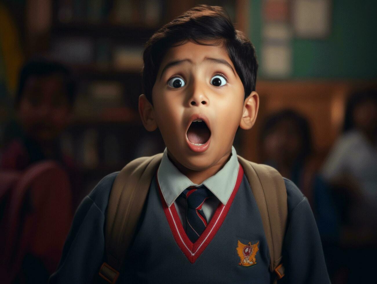 photo of emotional dynamic pose Indian kid in school AI Generative