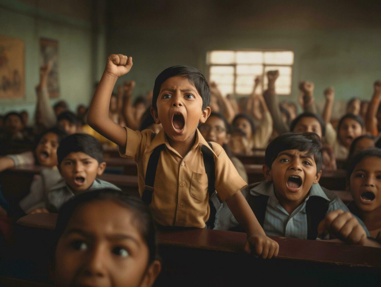photo of emotional dynamic pose Indian kid in school AI Generative