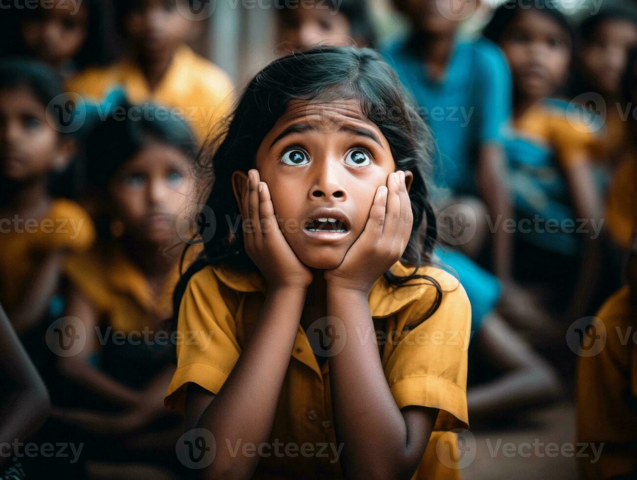 photo of emotional dynamic pose Indian kid in school AI Generative