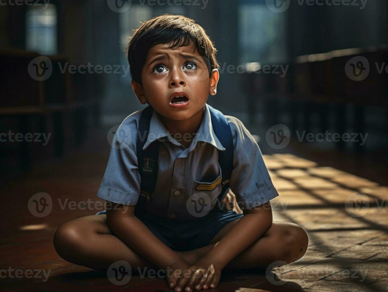 photo of emotional dynamic pose Indian kid in school AI Generative