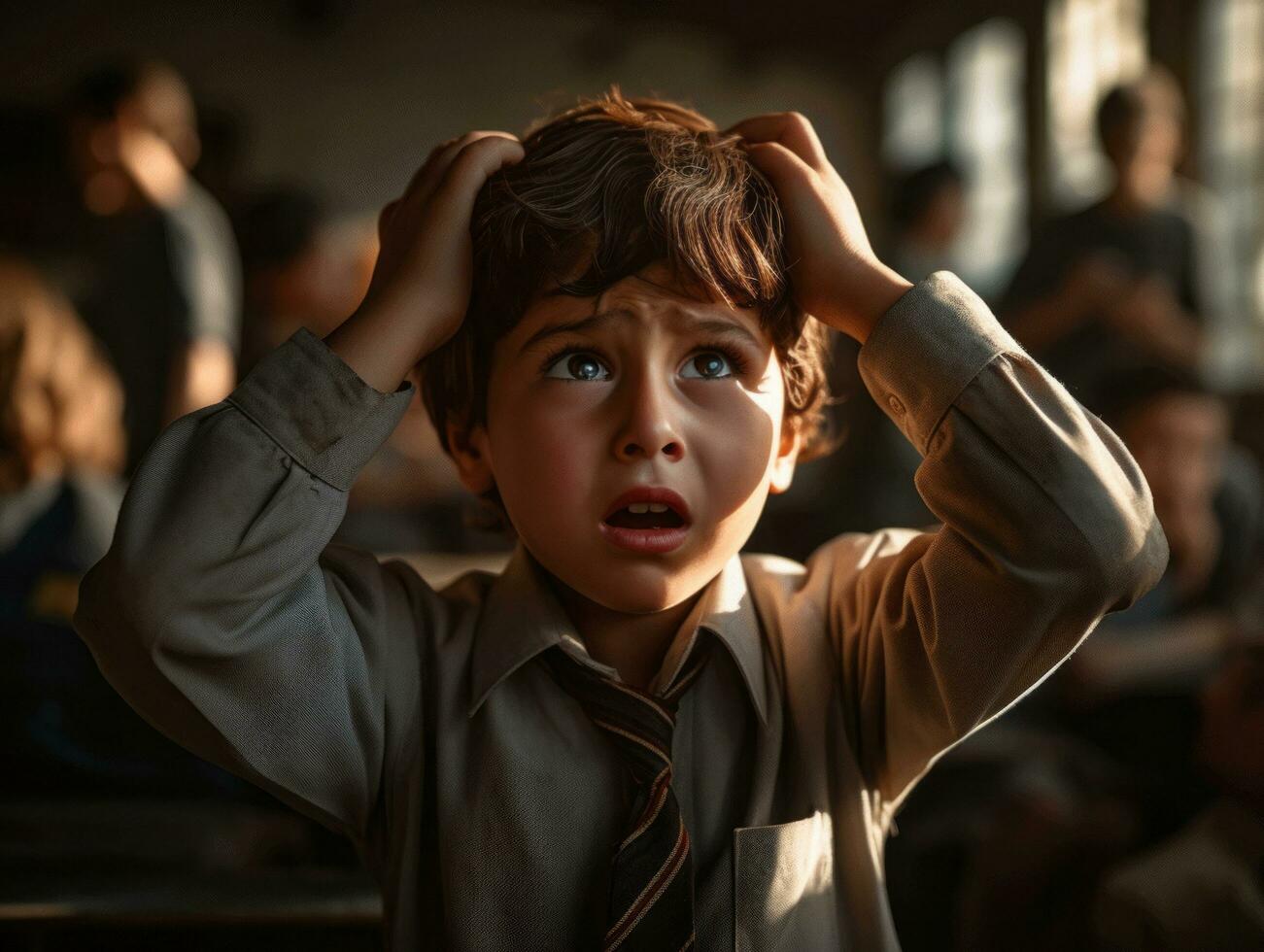 photo of emotional dynamic pose Indian kid in school AI Generative