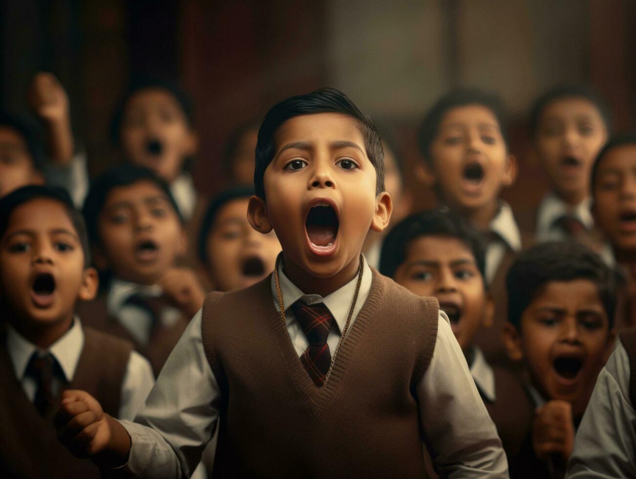 foto de emocional dinámica actitud indio niño en colegio ai generativo