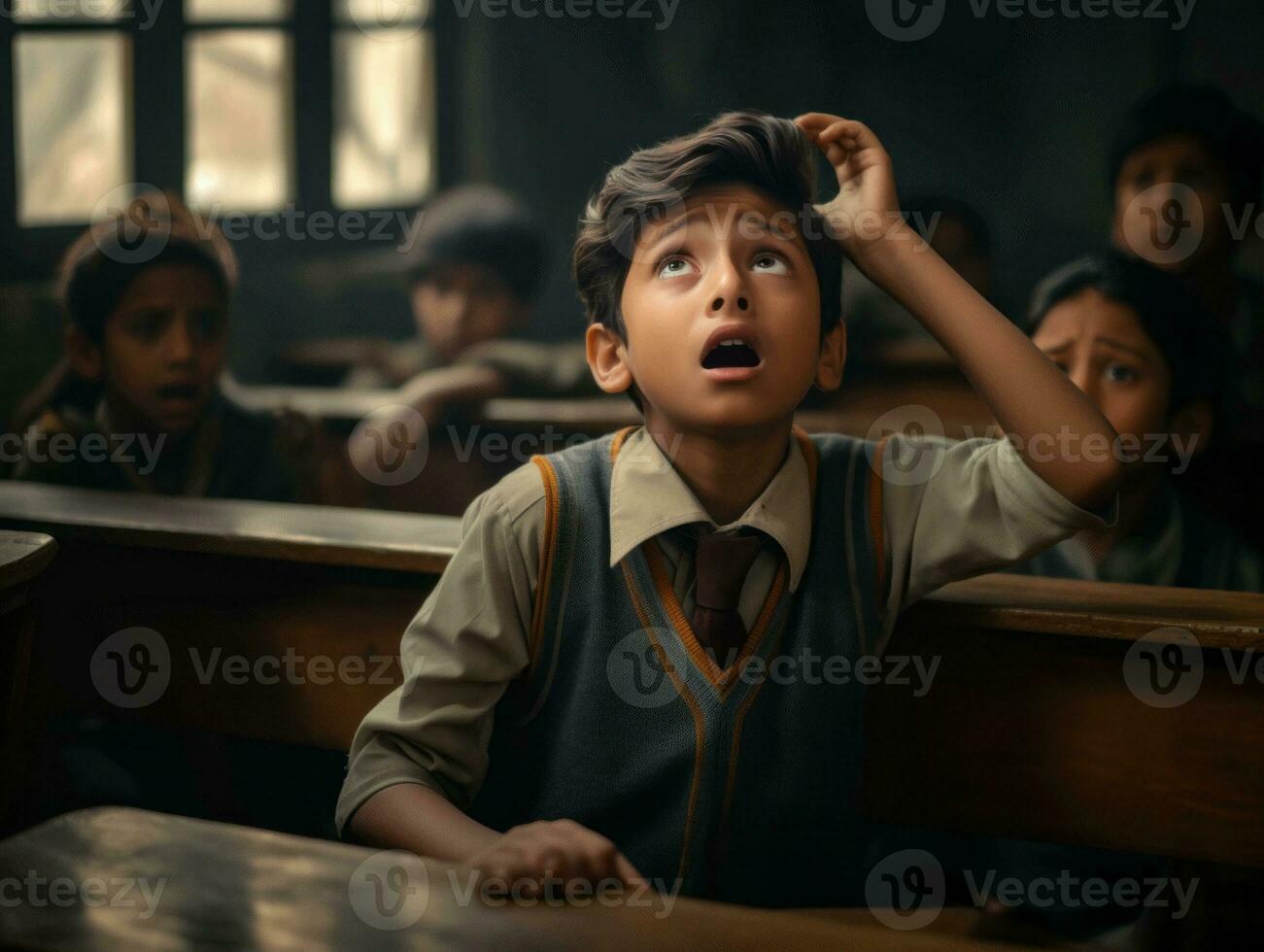 photo of emotional dynamic pose Indian kid in school AI Generative