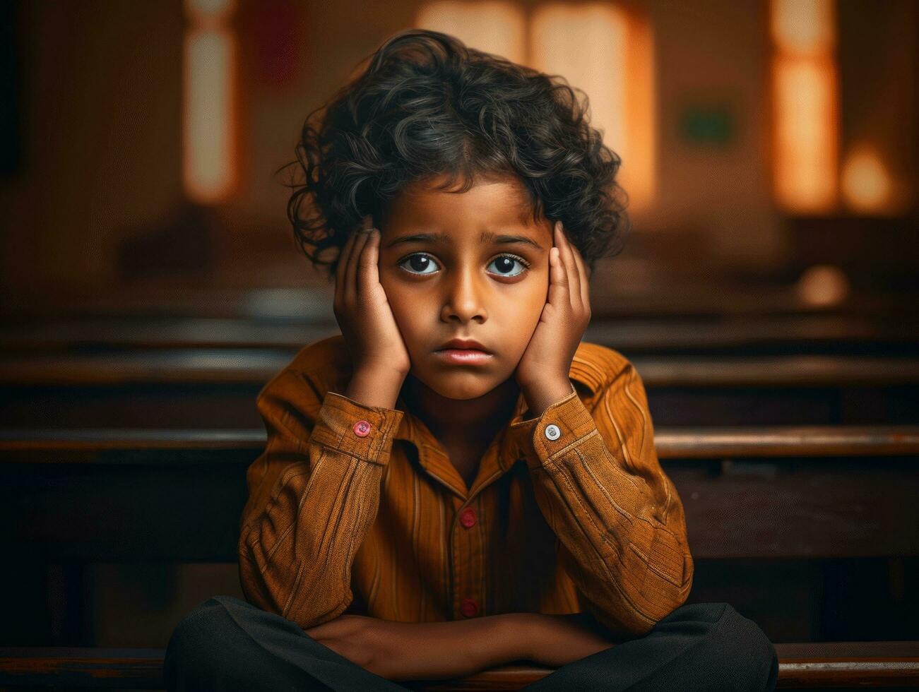 photo of emotional dynamic pose Indian kid in school AI Generative