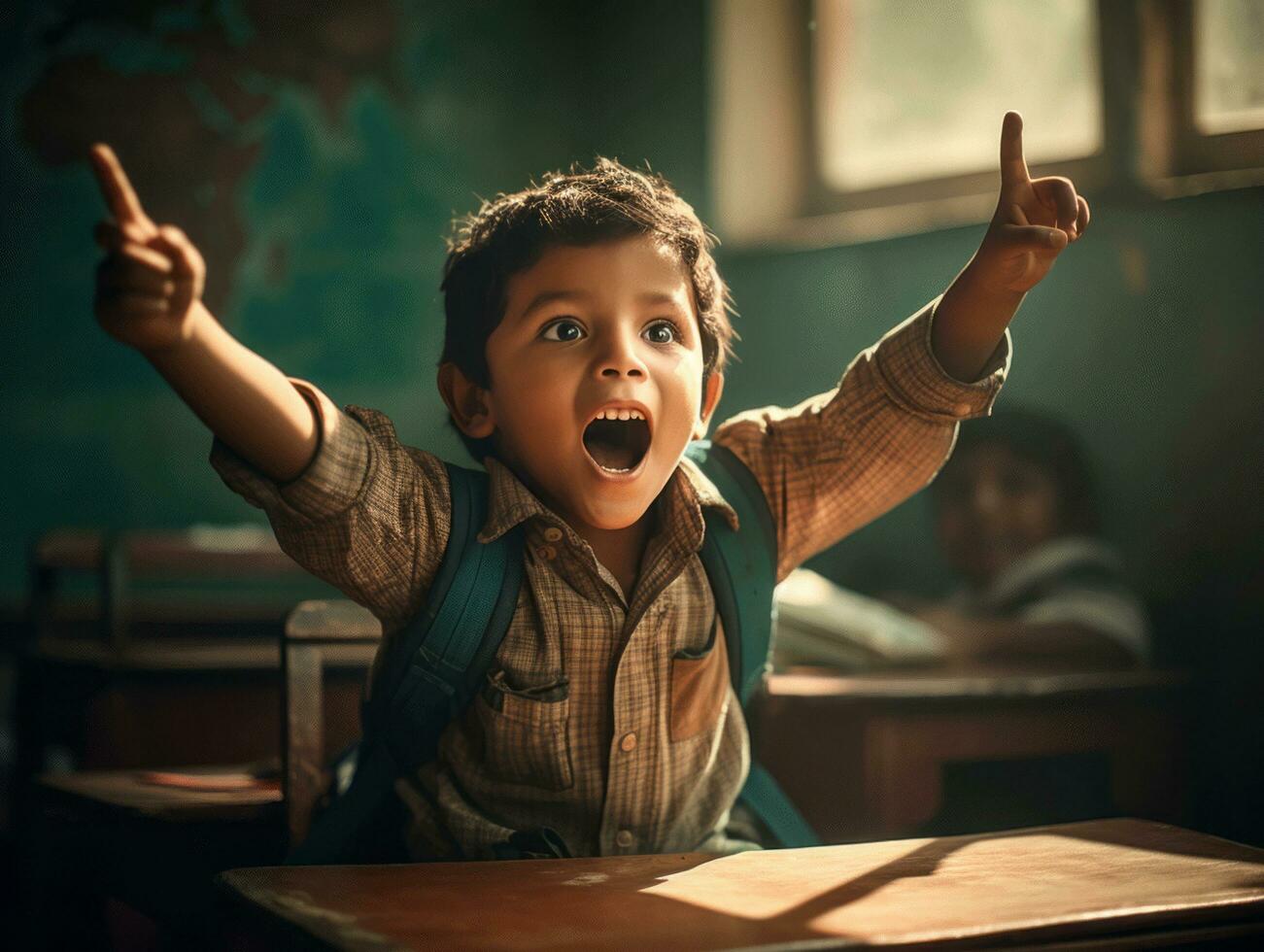 photo of emotional dynamic pose Indian kid in school AI Generative