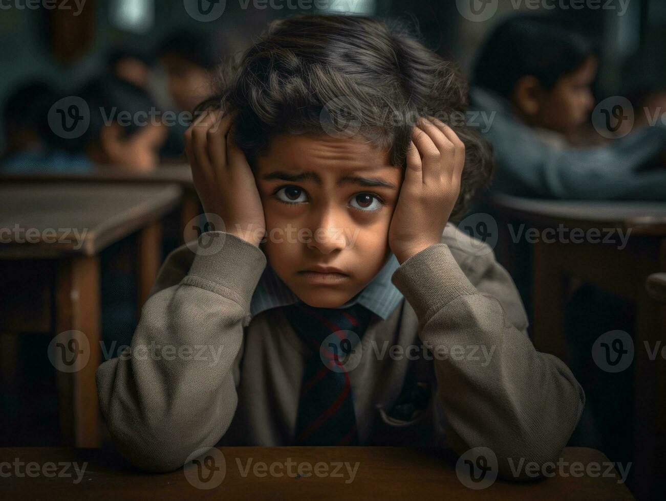 photo of emotional dynamic pose Indian kid in school AI Generative