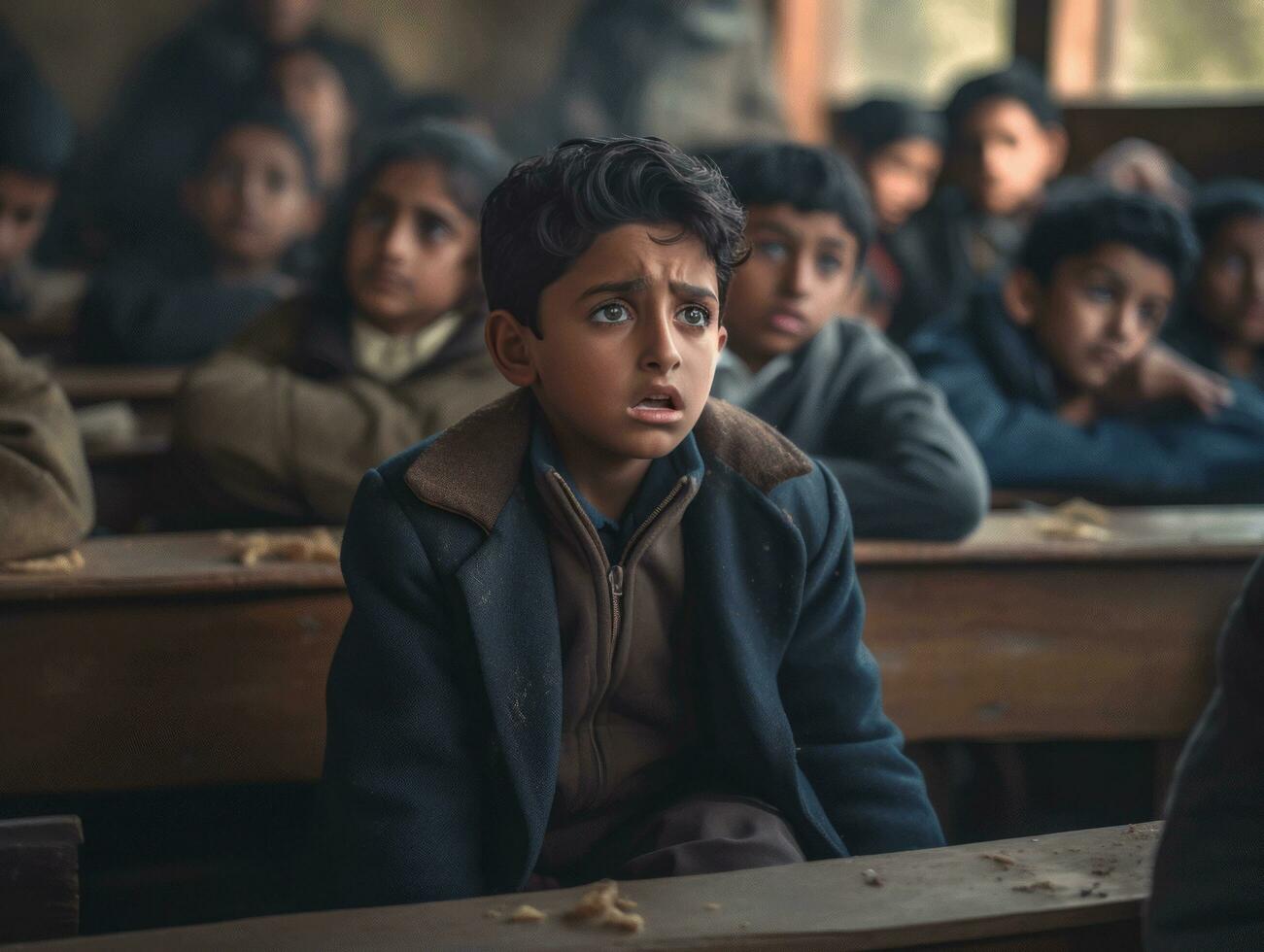photo of emotional dynamic pose Indian kid in school AI Generative