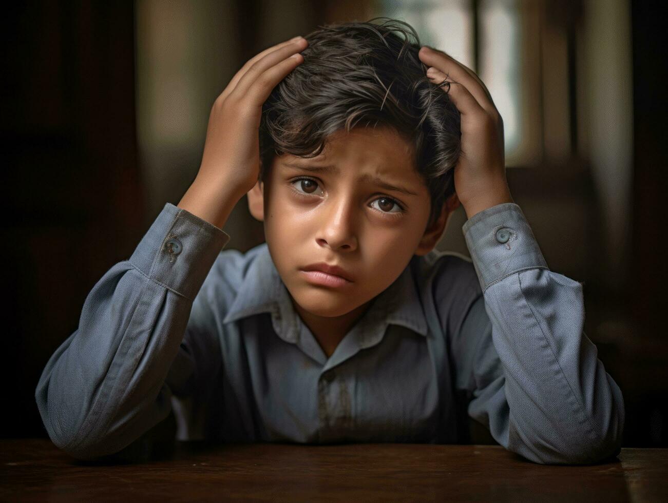 foto de emocional dinámica actitud indio niño en colegio ai generativo