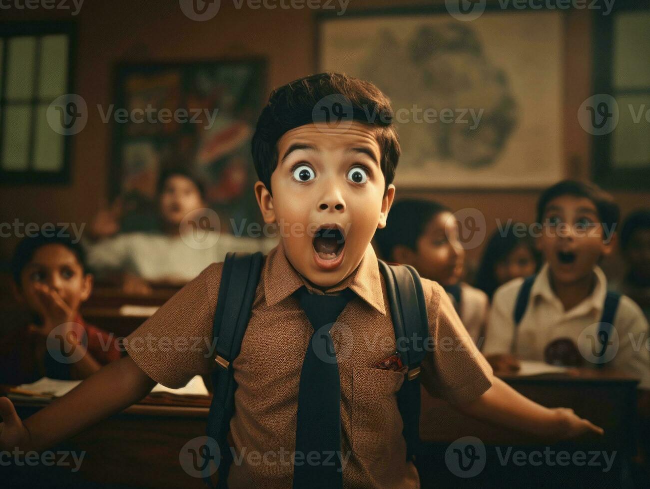 photo of emotional dynamic pose Indian kid in school AI Generative