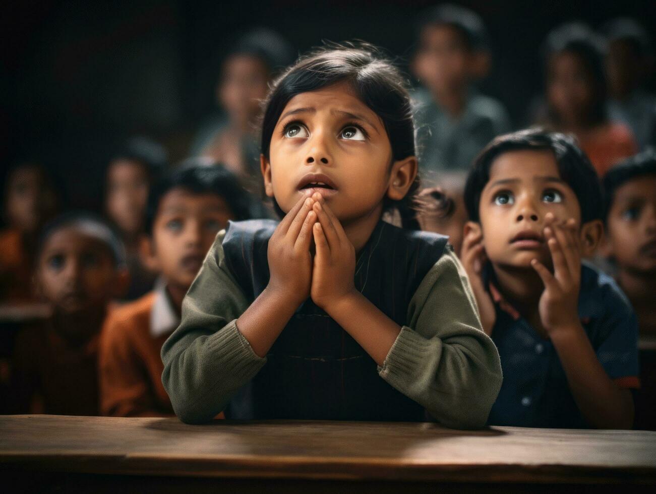 photo of emotional dynamic pose Indian kid in school AI Generative