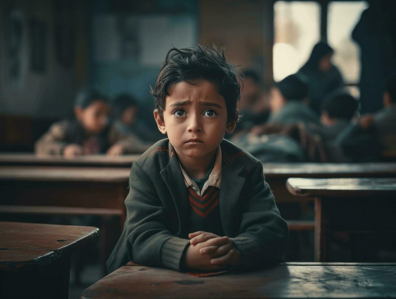 photo of emotional dynamic pose Indian kid in school AI Generative