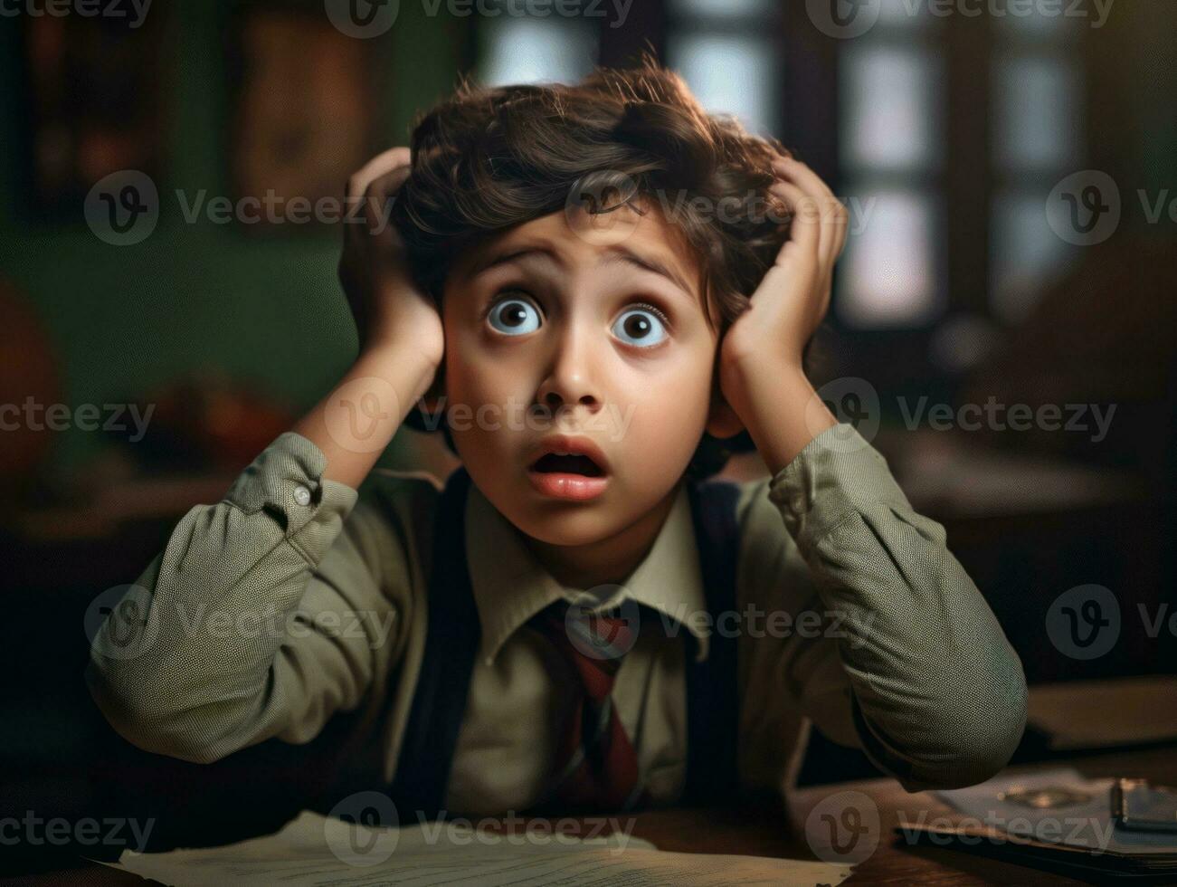 photo of emotional dynamic pose Indian kid in school AI Generative
