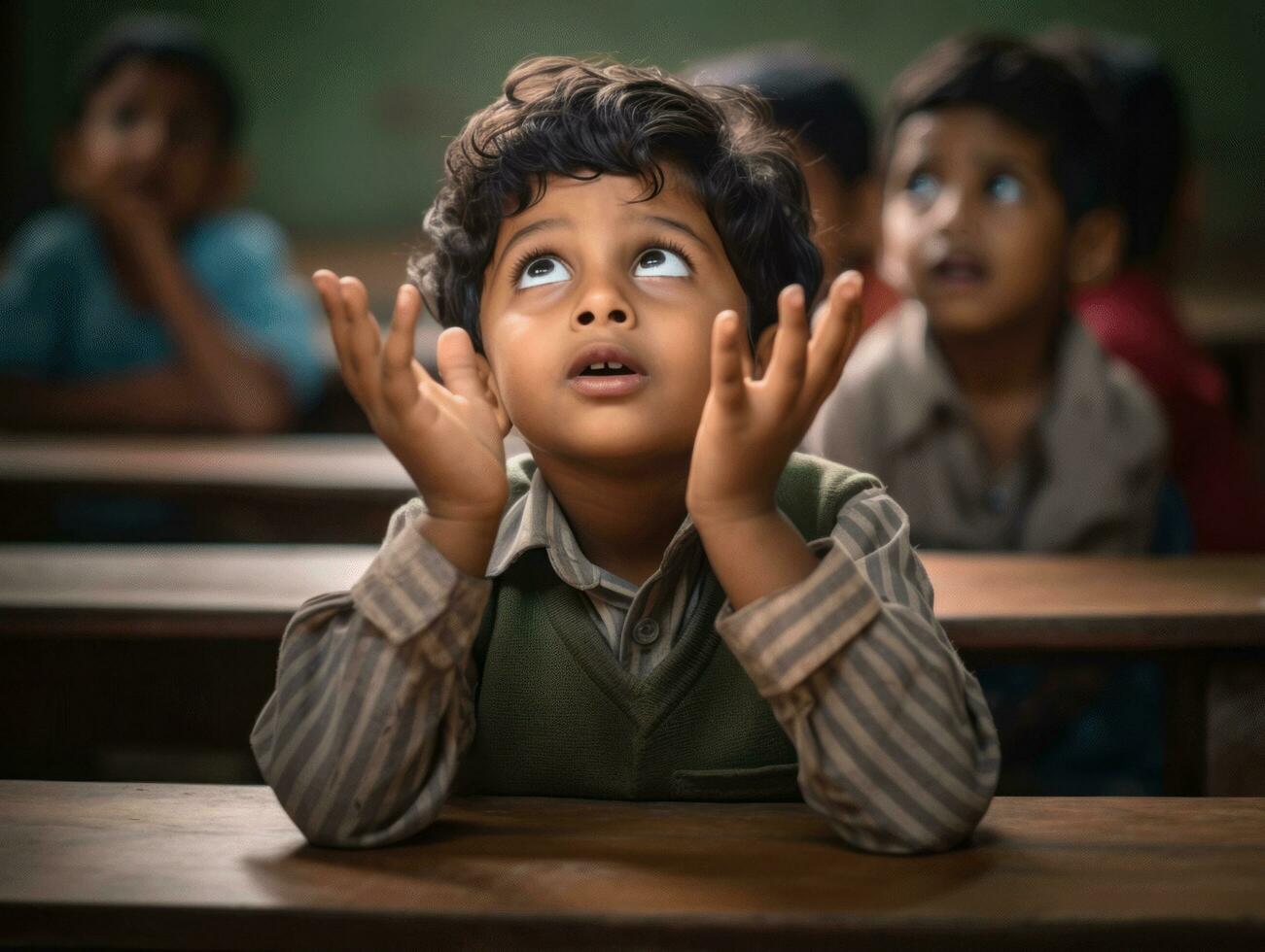 photo of emotional dynamic pose Indian kid in school AI Generative