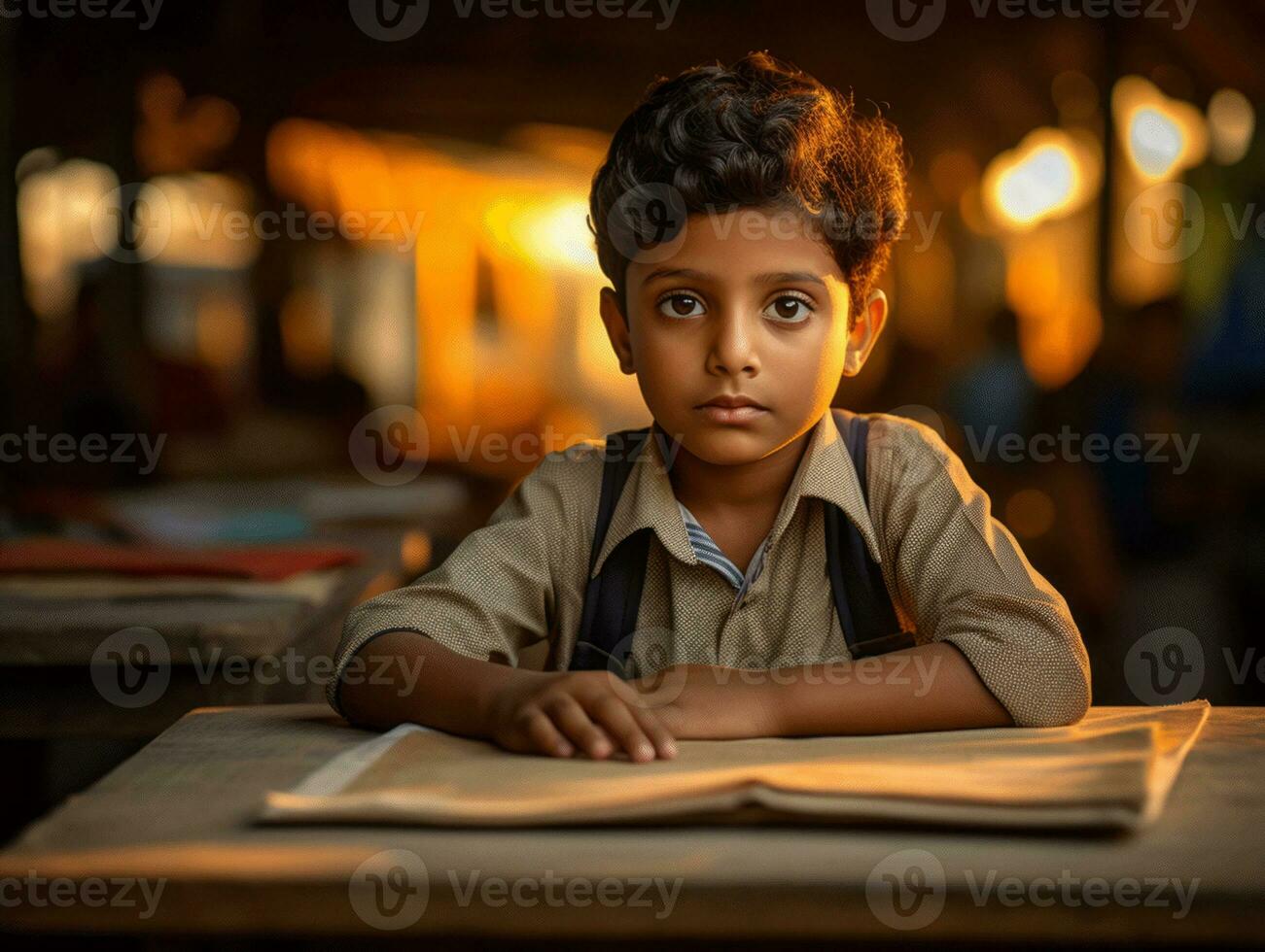 foto de emocional dinámica actitud indio niño en colegio ai generativo