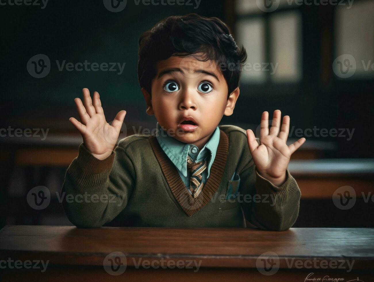 photo of emotional dynamic pose Indian kid in school AI Generative