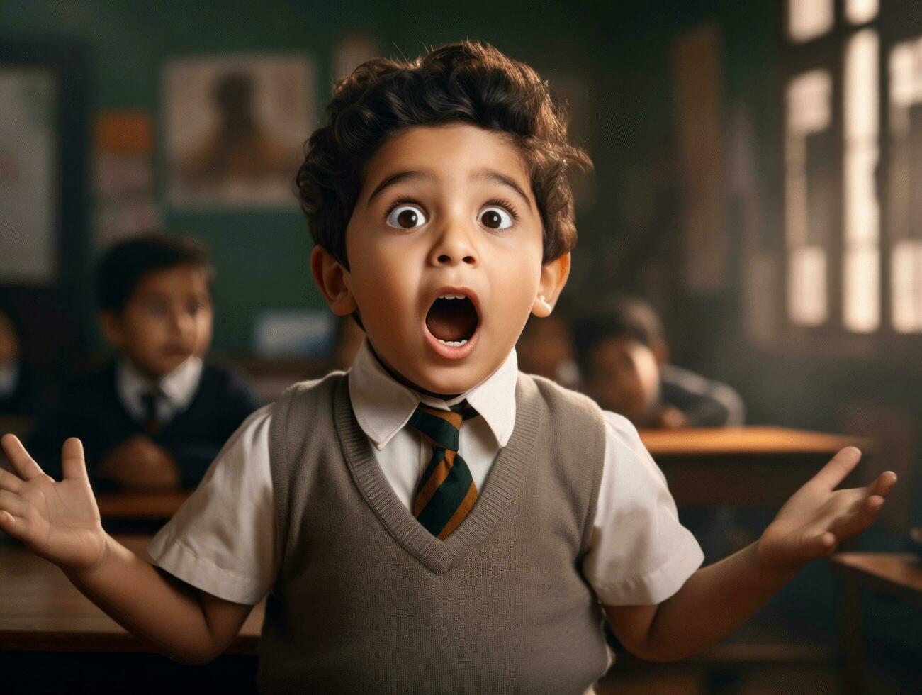 photo of emotional dynamic pose Indian kid in school AI Generative