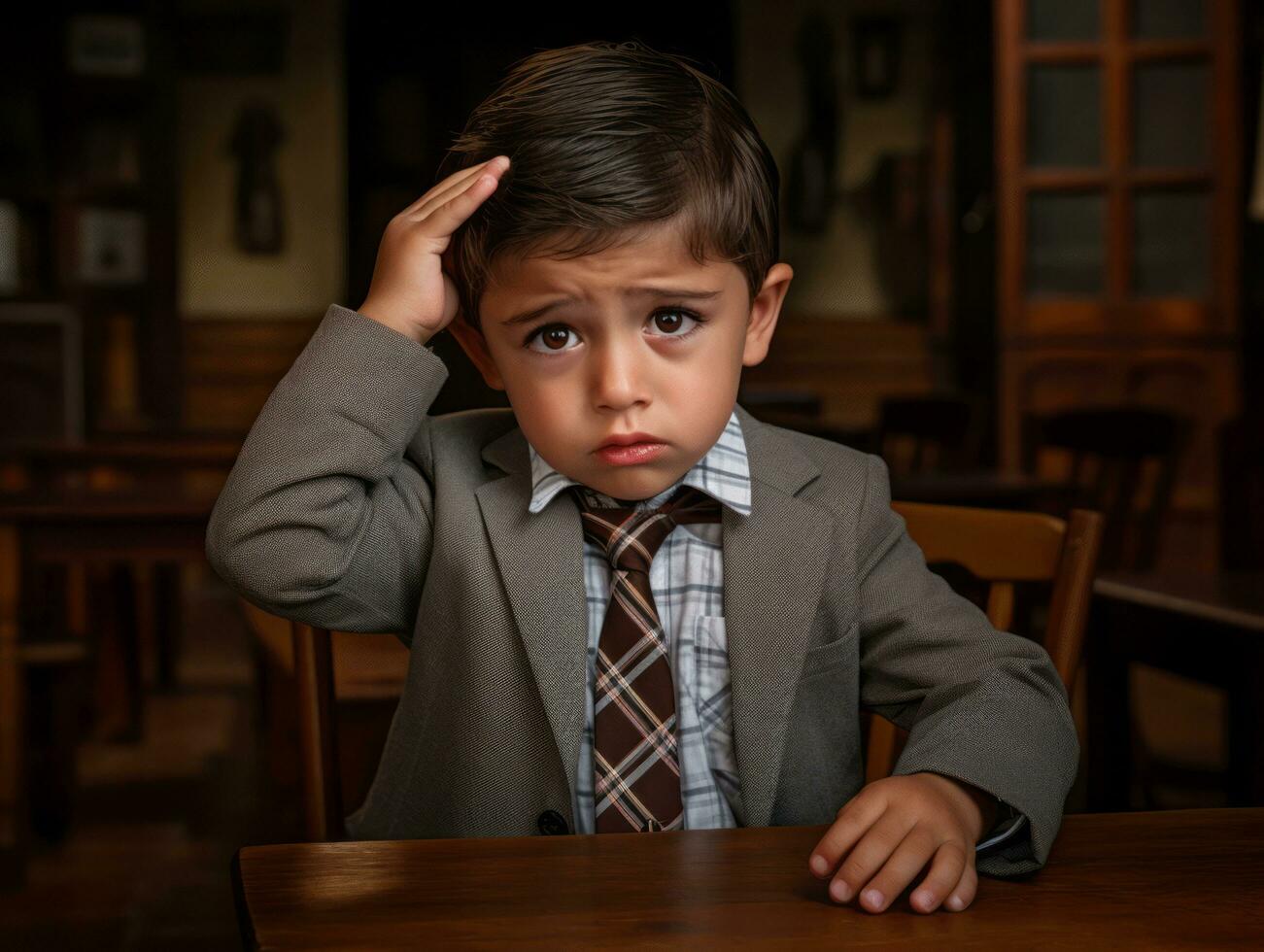 photo of emotional dynamic pose Mexican kid in school AI Generative