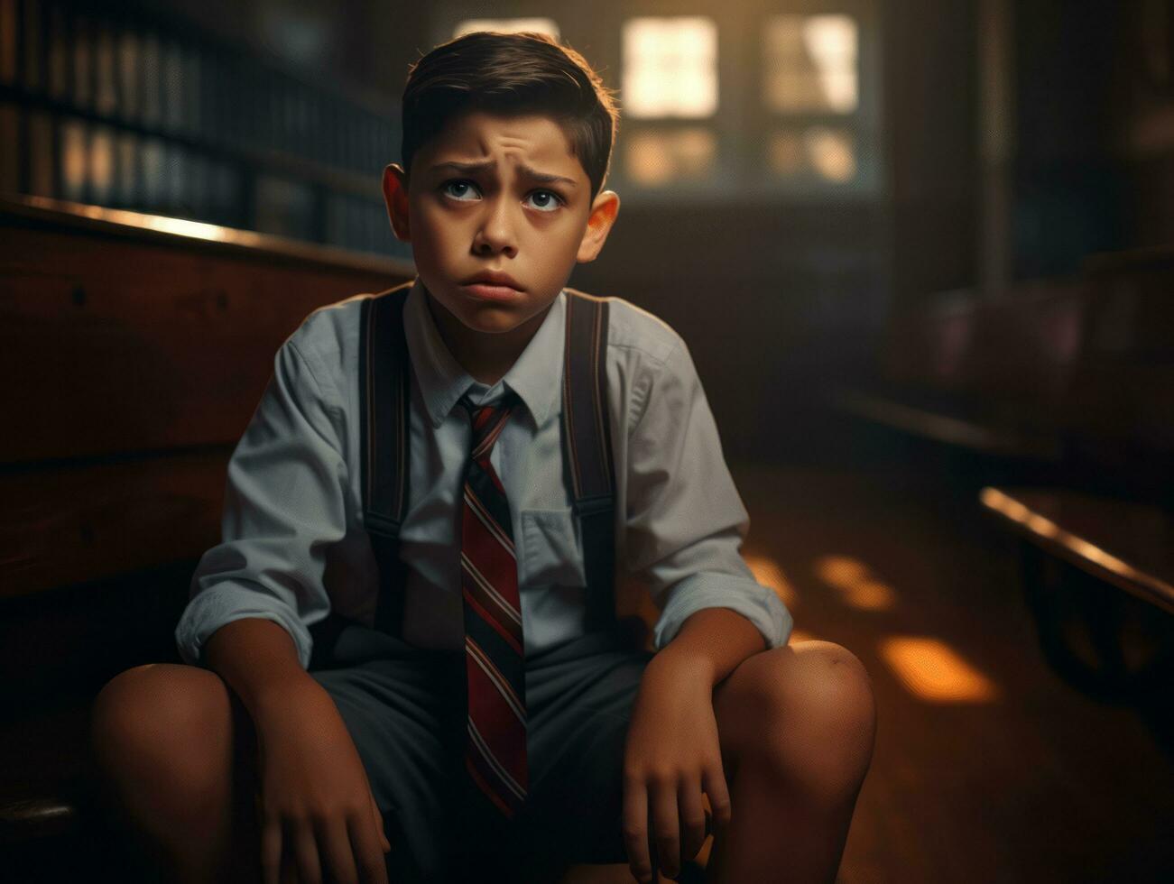 photo of emotional dynamic pose Mexican kid in school AI Generative