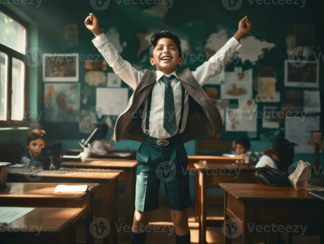 photo of emotional dynamic pose Mexican kid in school AI Generative