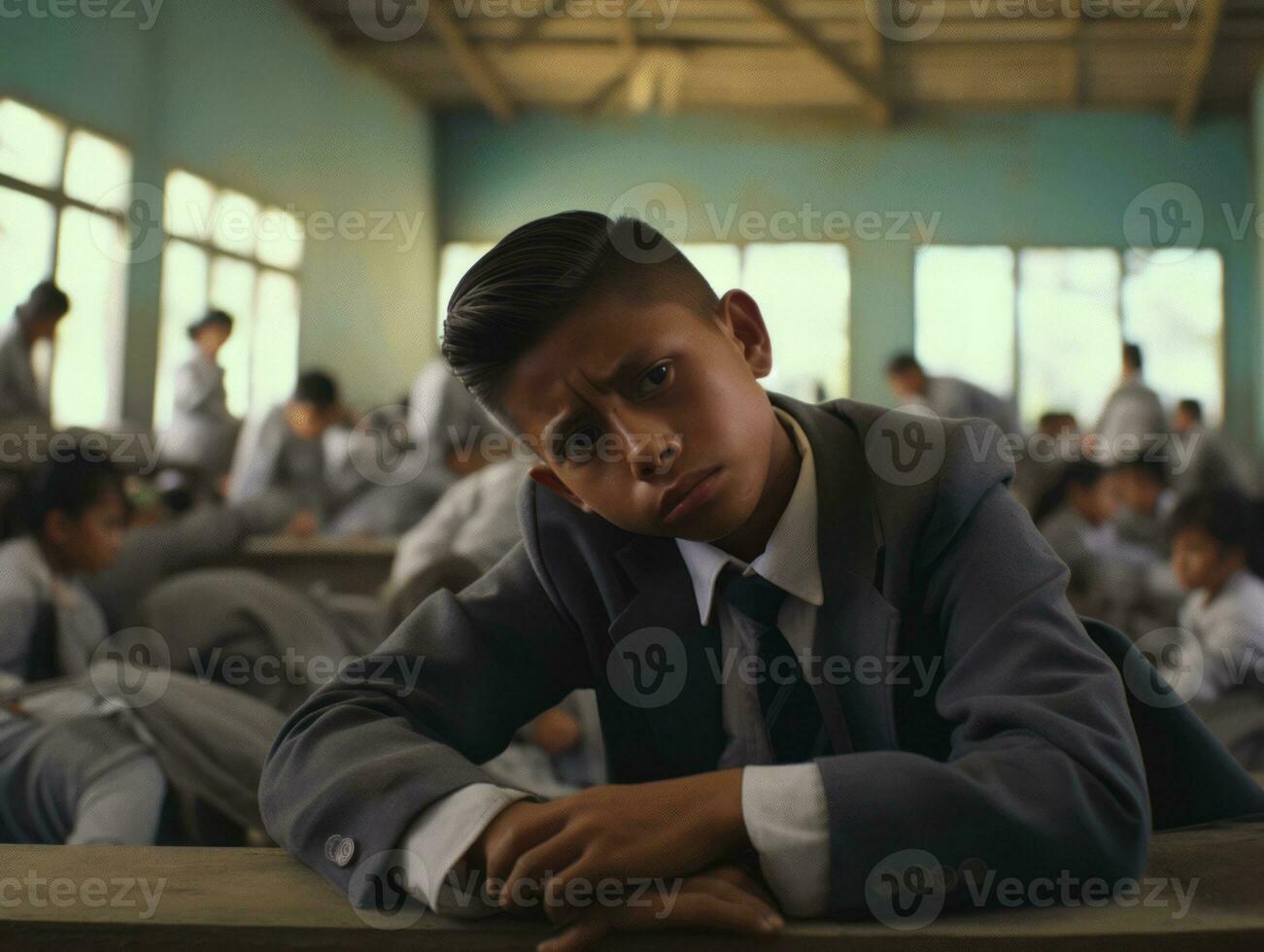 photo of emotional dynamic pose Mexican kid in school AI Generative