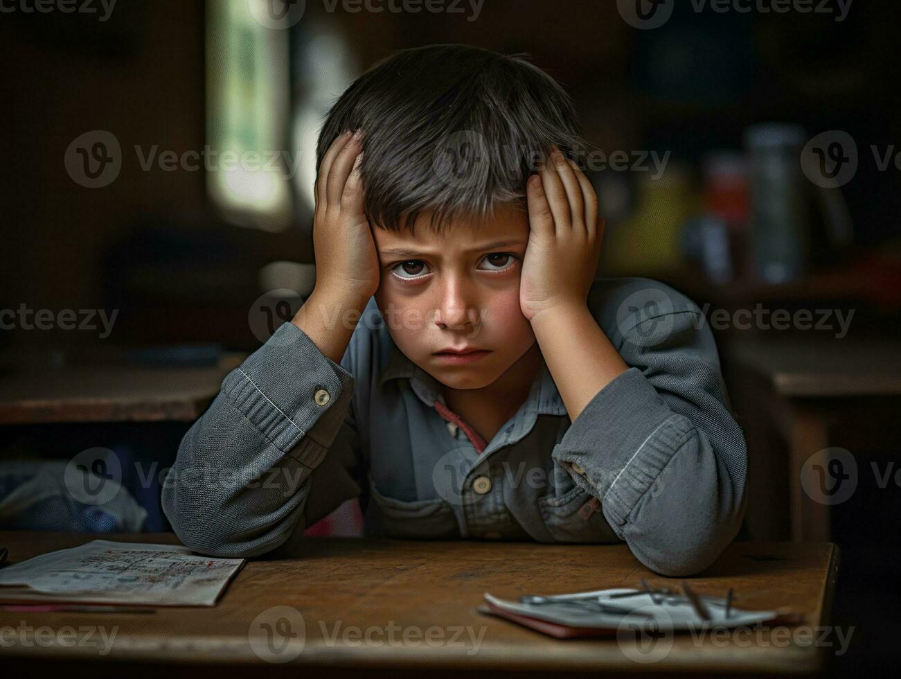 photo of emotional dynamic pose Mexican kid in school AI Generative