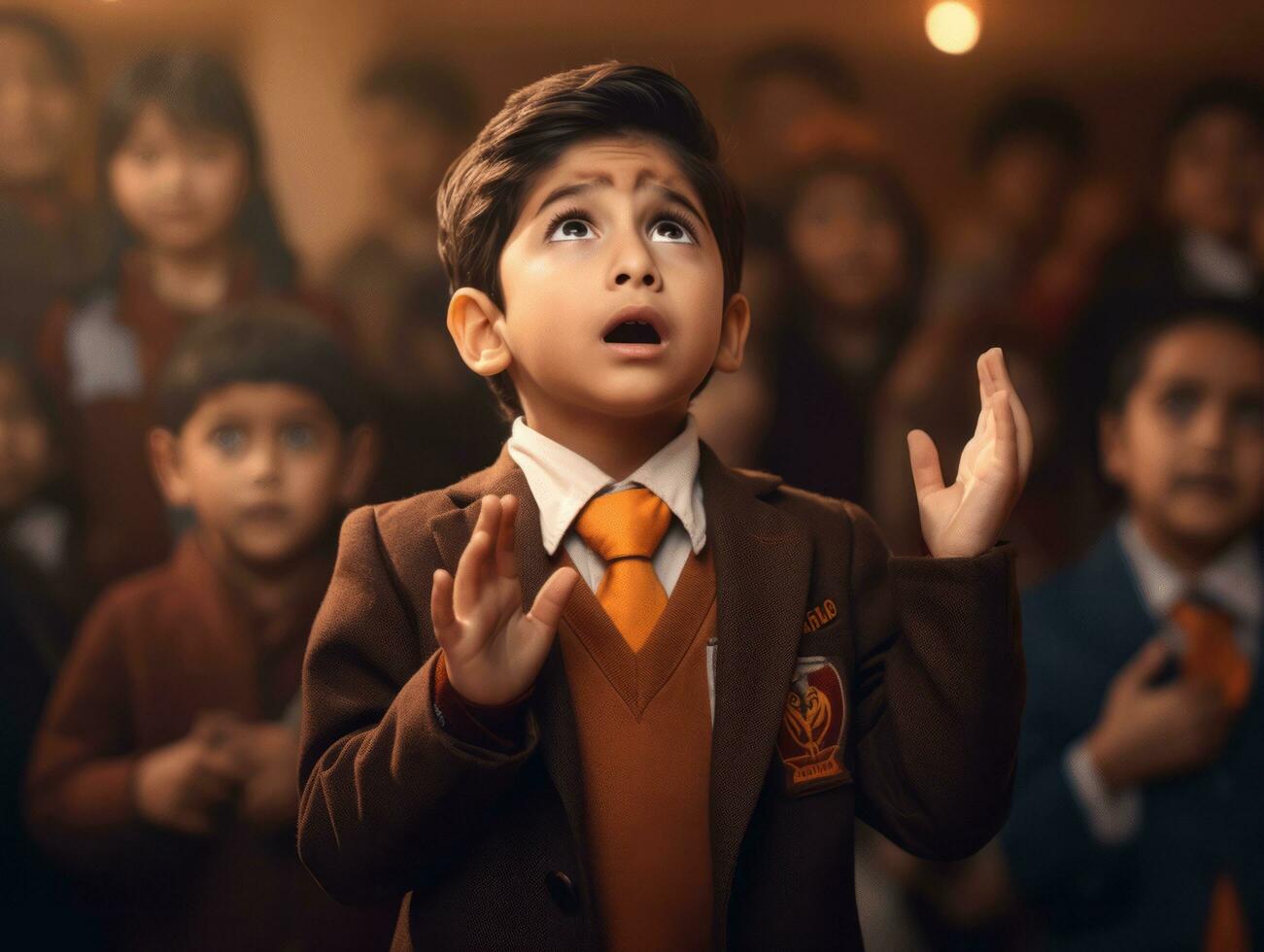 photo of emotional dynamic pose Mexican kid in school AI Generative
