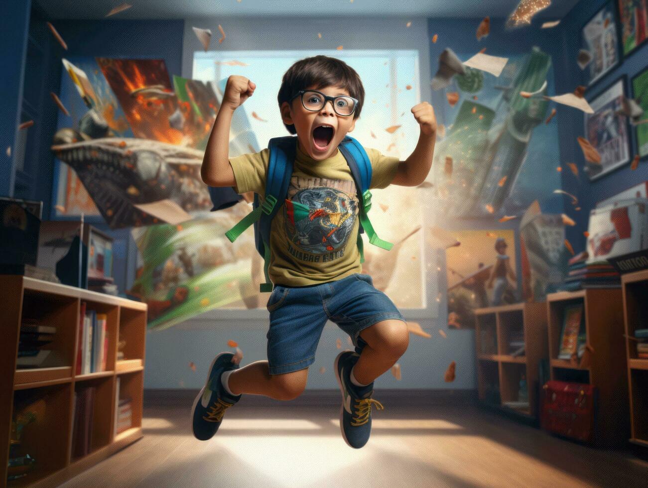 photo of emotional dynamic pose Mexican kid in school AI Generative