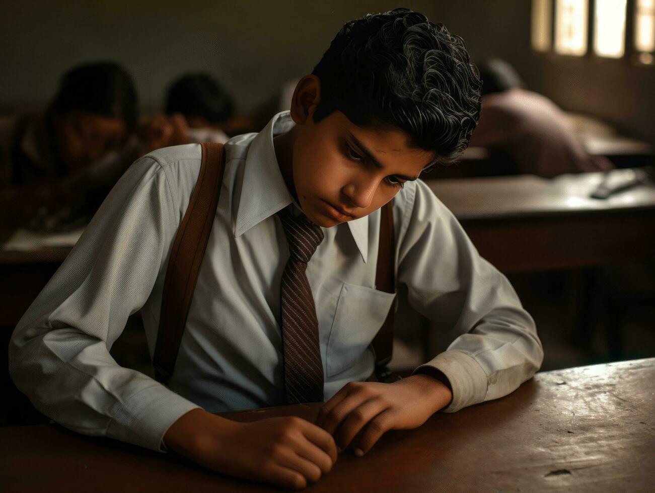 photo of emotional dynamic pose Mexican kid in school AI Generative