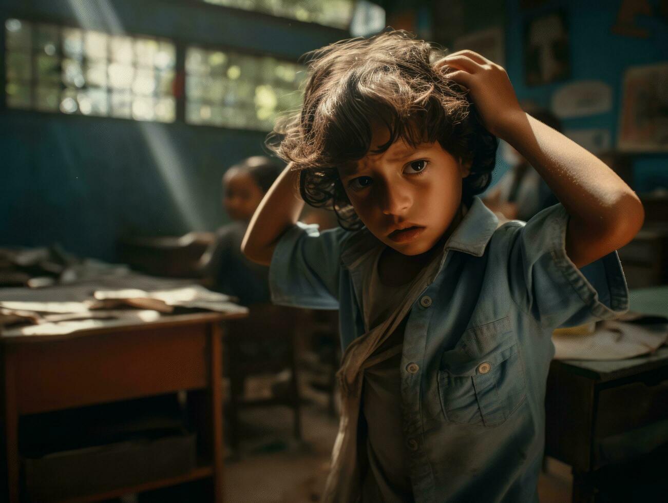 photo of emotional dynamic pose Mexican kid in school AI Generative