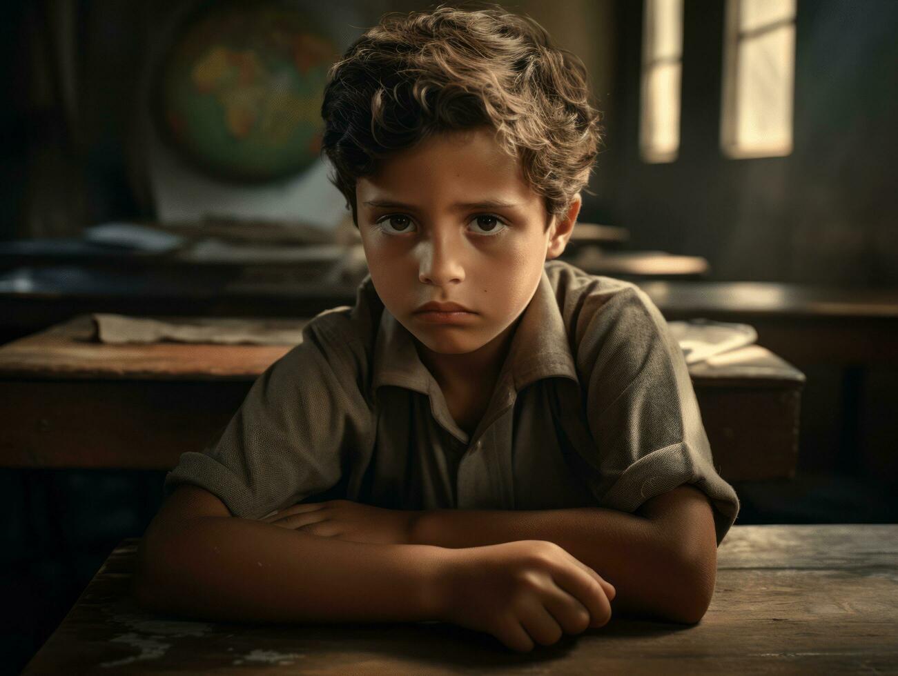 photo of emotional dynamic pose Mexican kid in school AI Generative