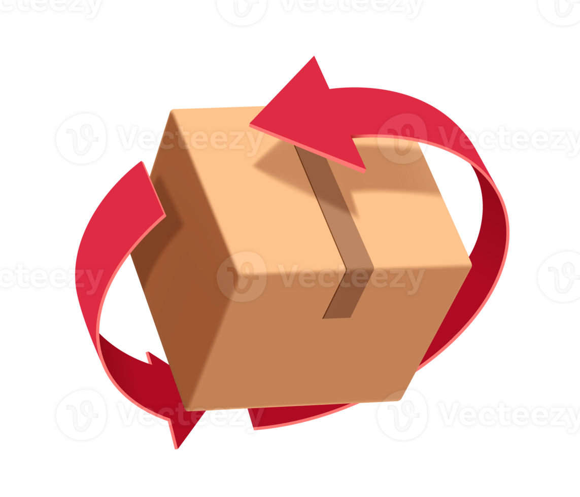 rot Pfeil dreht sich um Paket Box oder Karton Box zu vertreten Recycling von Papier oder zu bedeuten Das Paket Box ist Sein ist zurückgekommen zu Absender png