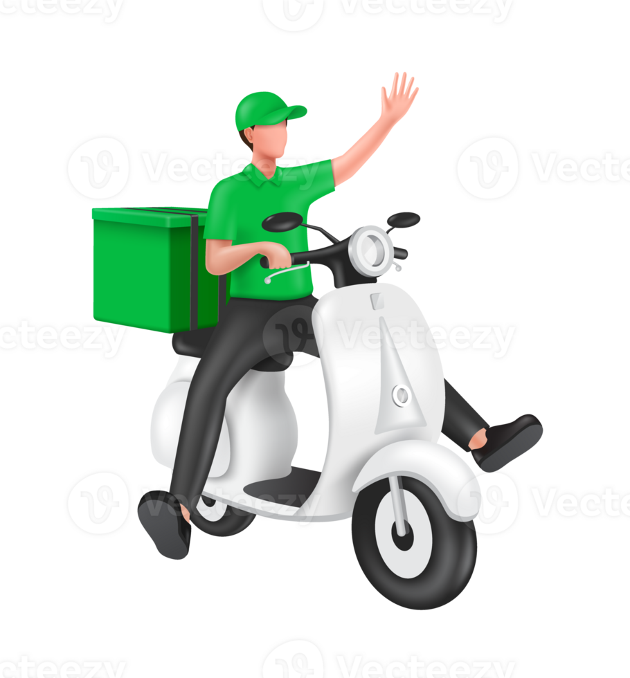 Male food delivery driver sit on scoot or motorcycle waved hand to tell customer that food has arrived and all place on transparent background png