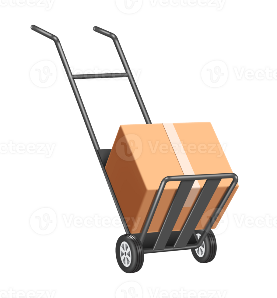 parcel box or cardboard box place on trolley or cart ,3d graphic on transparent for e commerce, delivery, online shopping png