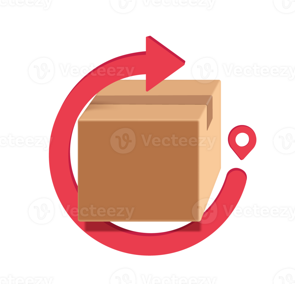 red arrow rotates around parcel box or cardboard box to represent recycling of paper or to signify that parcel box is being returned to sender png