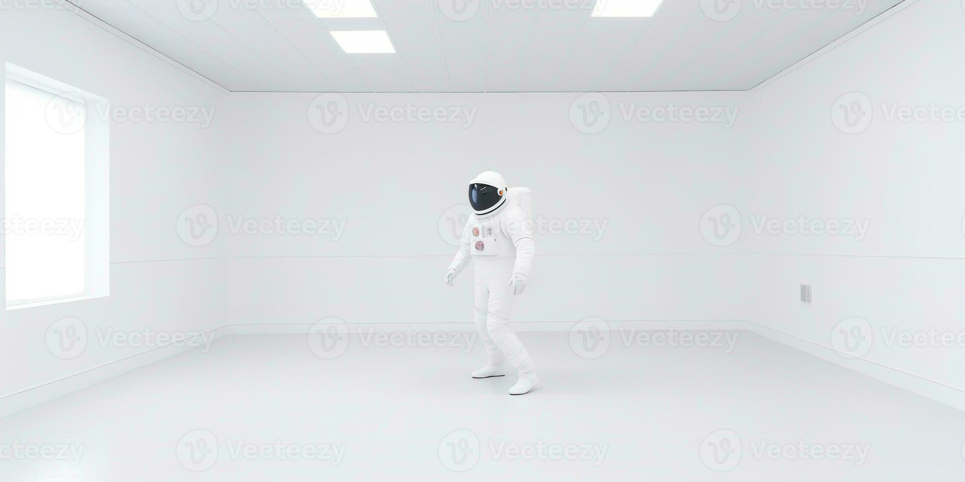 AI Generated. AI Generative. Astronaut in white empty room. Minimal space adventures suit view. Graphic Art photo