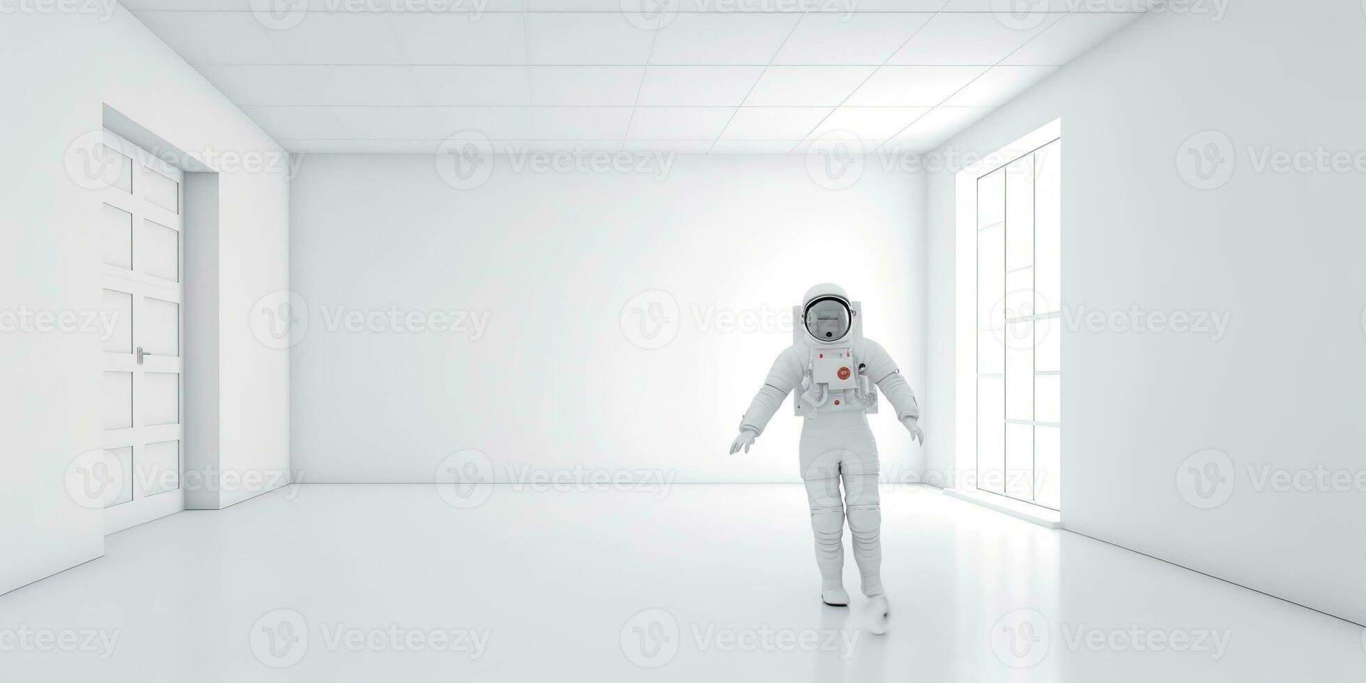 AI Generated. AI Generative. Astronaut in white empty room. Minimal space adventures suit view. Graphic Art photo