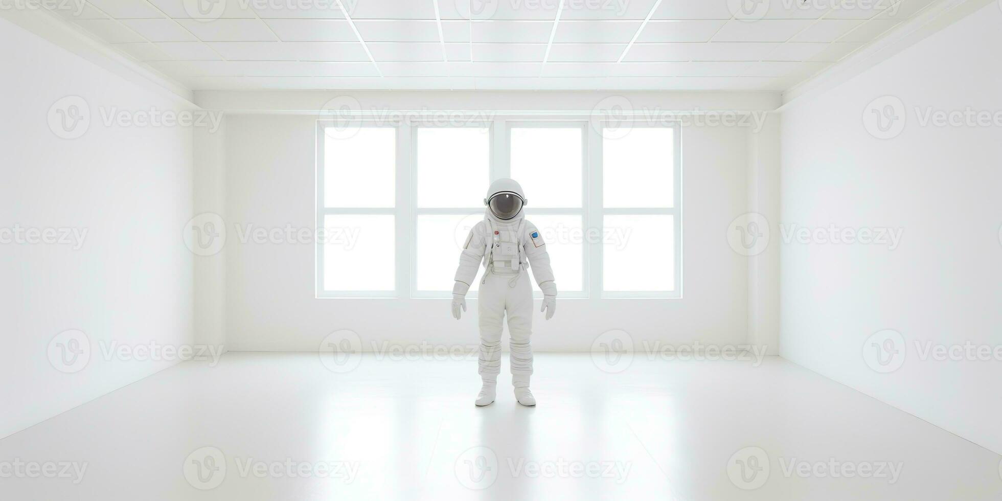 AI Generated. AI Generative. Astronaut in white empty room. Minimal space adventures suit view. Graphic Art photo