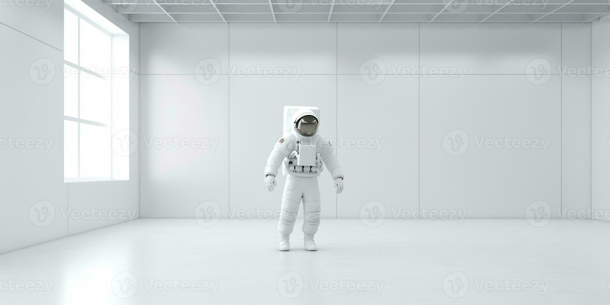 AI Generated. AI Generative. Astronaut in white empty room. Minimal space adventures suit view. Graphic Art photo