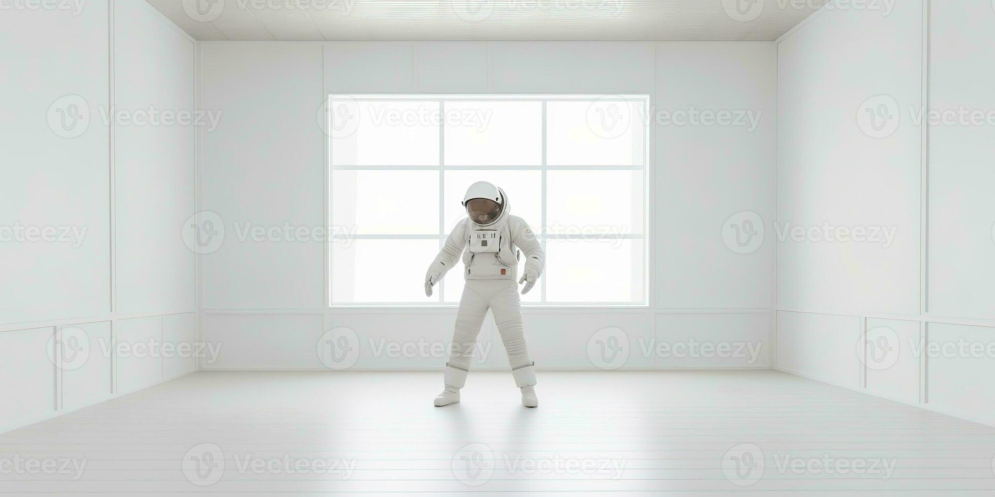 AI Generated. AI Generative. Astronaut in white empty room. Minimal space adventures suit view. Graphic Art photo