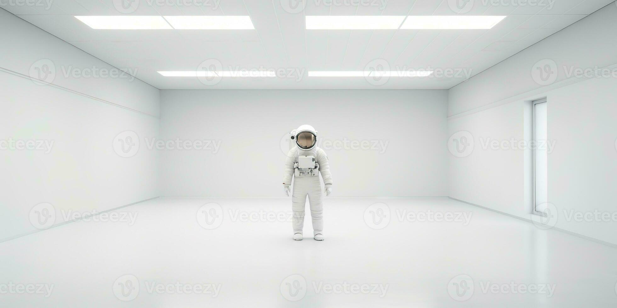 AI Generated. AI Generative. Astronaut in white empty room. Minimal space adventures suit view. Graphic Art photo