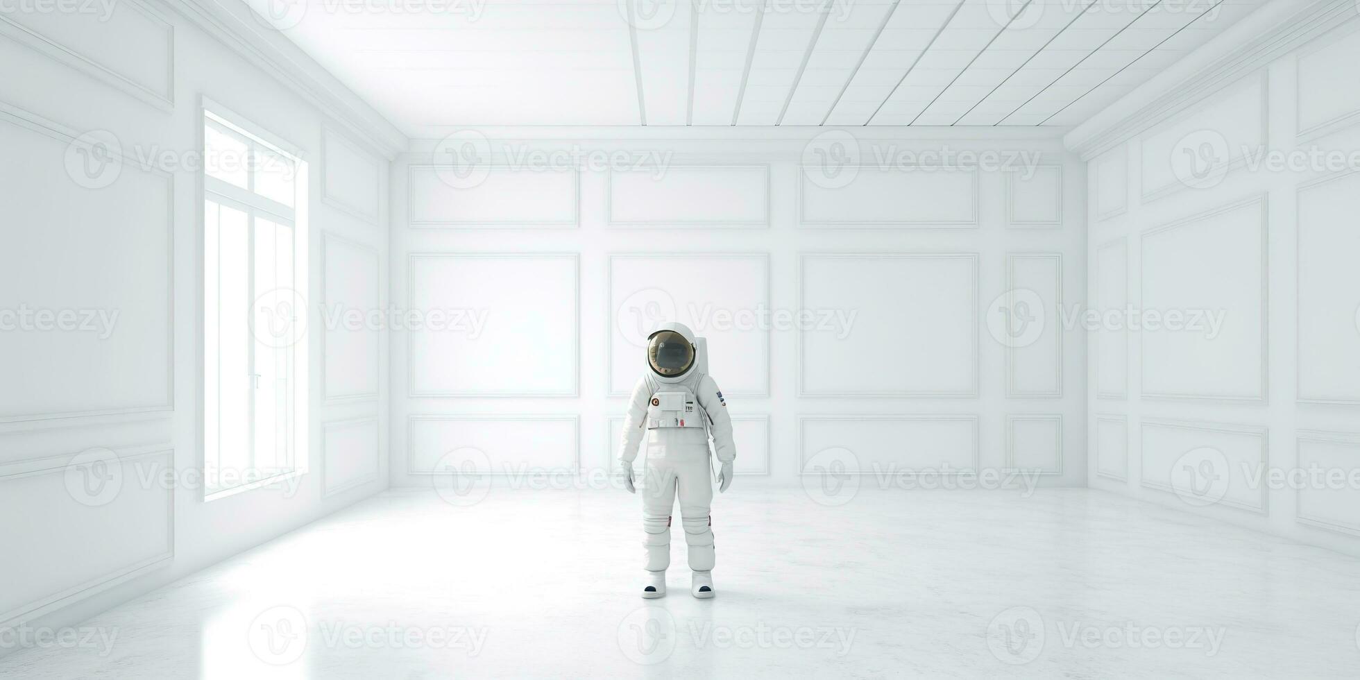 AI Generated. AI Generative. Astronaut in white empty room. Minimal space adventures suit view. Graphic Art photo