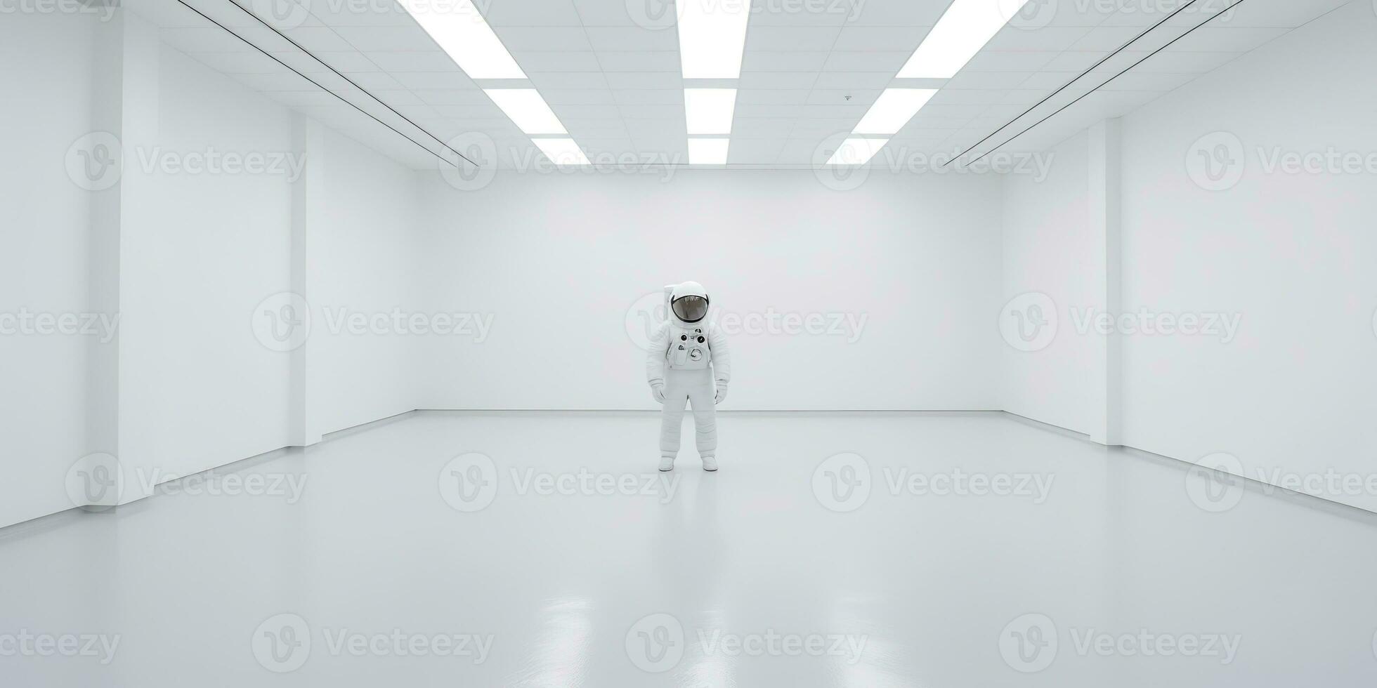 AI Generated. AI Generative. Astronaut in white empty room. Minimal space adventures suit view. Graphic Art photo
