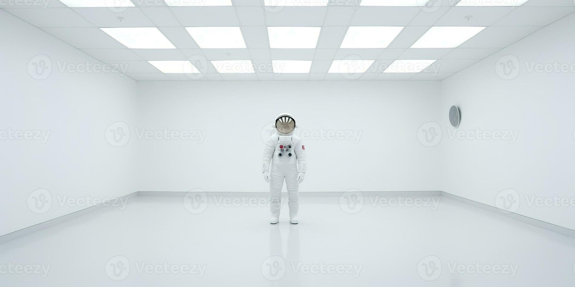 AI Generated. AI Generative. Astronaut in white empty room. Minimal space adventures suit view. Graphic Art photo