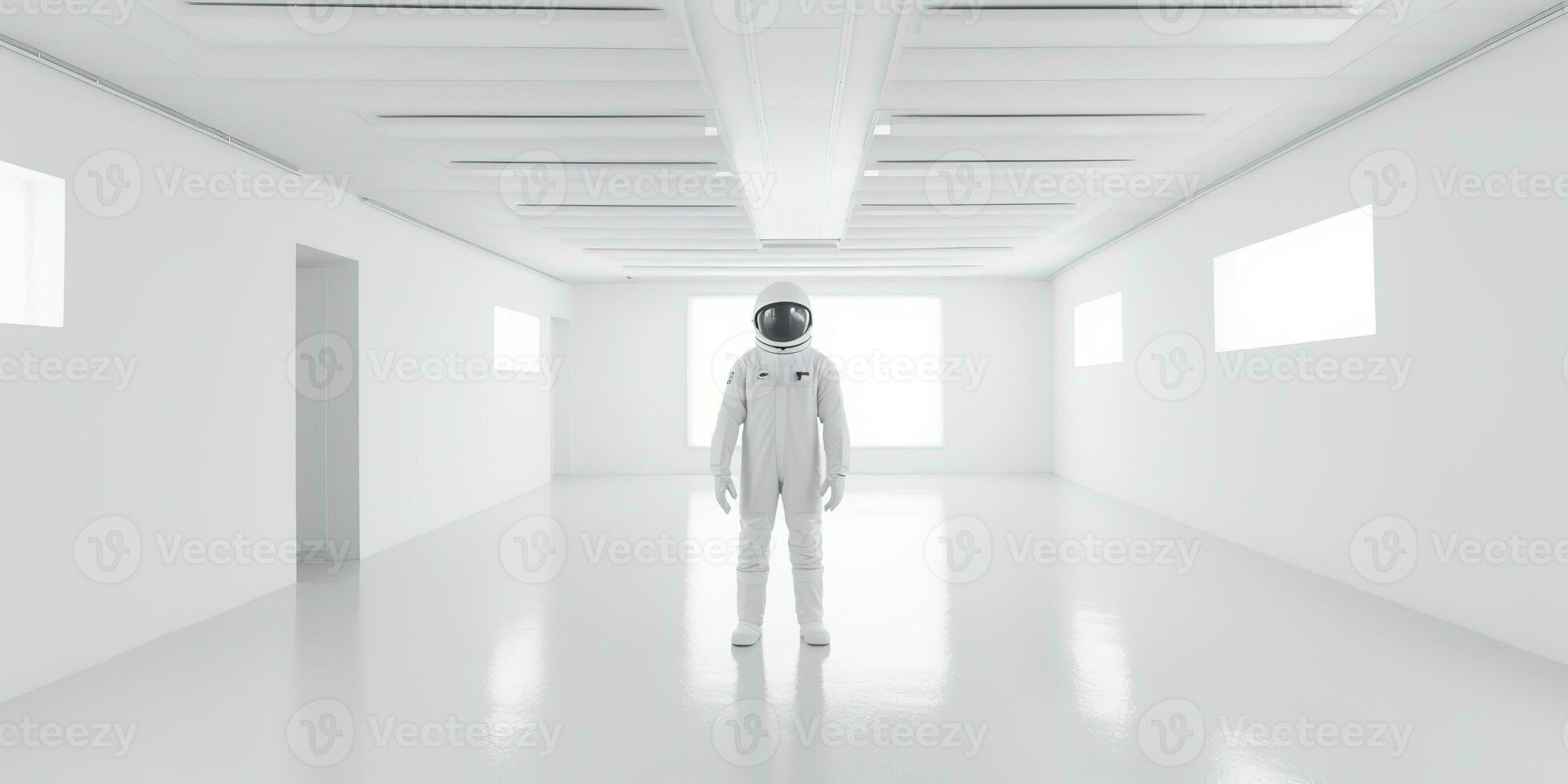 AI Generated. AI Generative. Astronaut in white empty room. Minimal space adventures suit view. Graphic Art photo