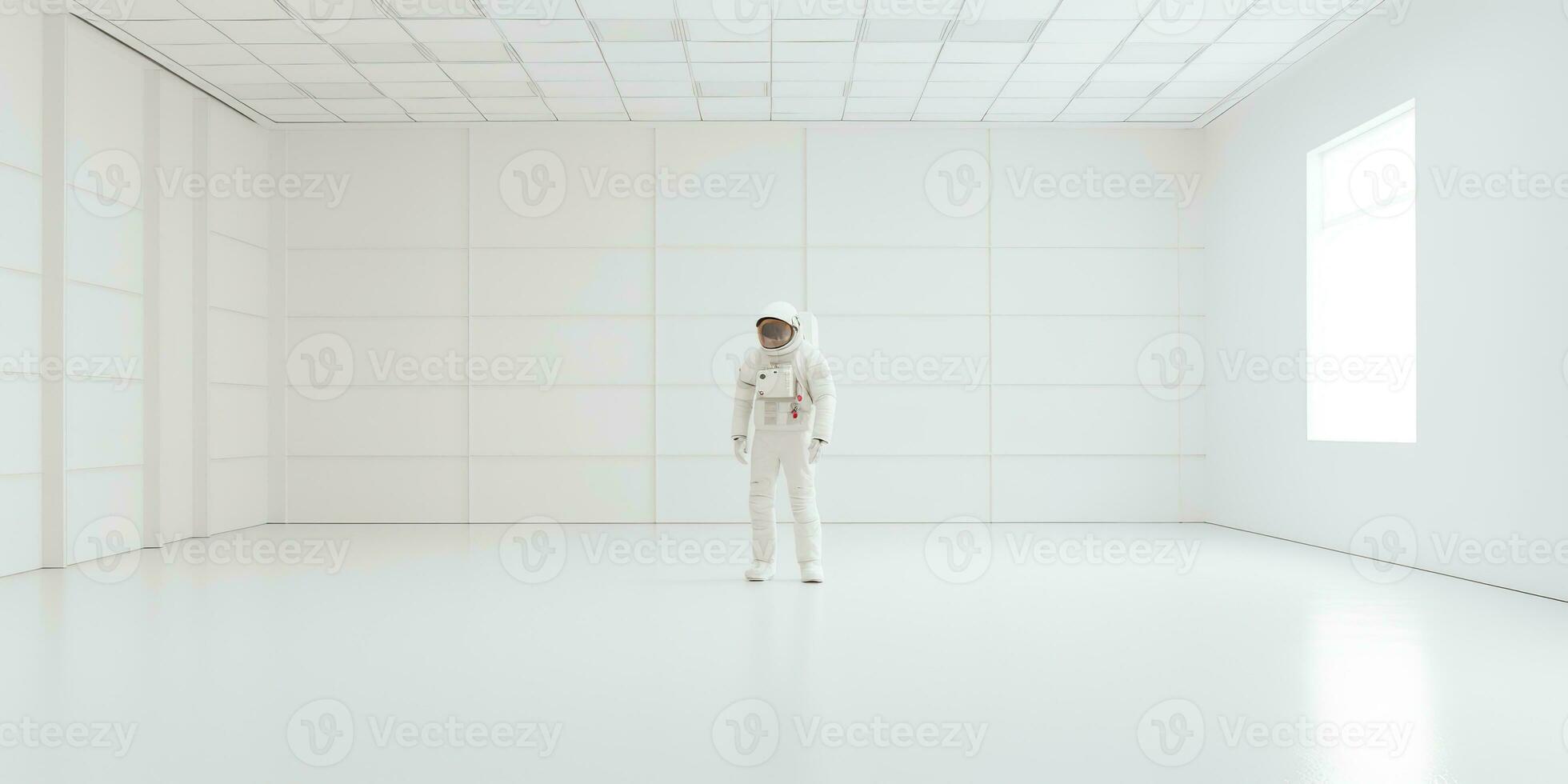 AI Generated. AI Generative. Astronaut in white empty room. Minimal space adventures suit view. Graphic Art photo