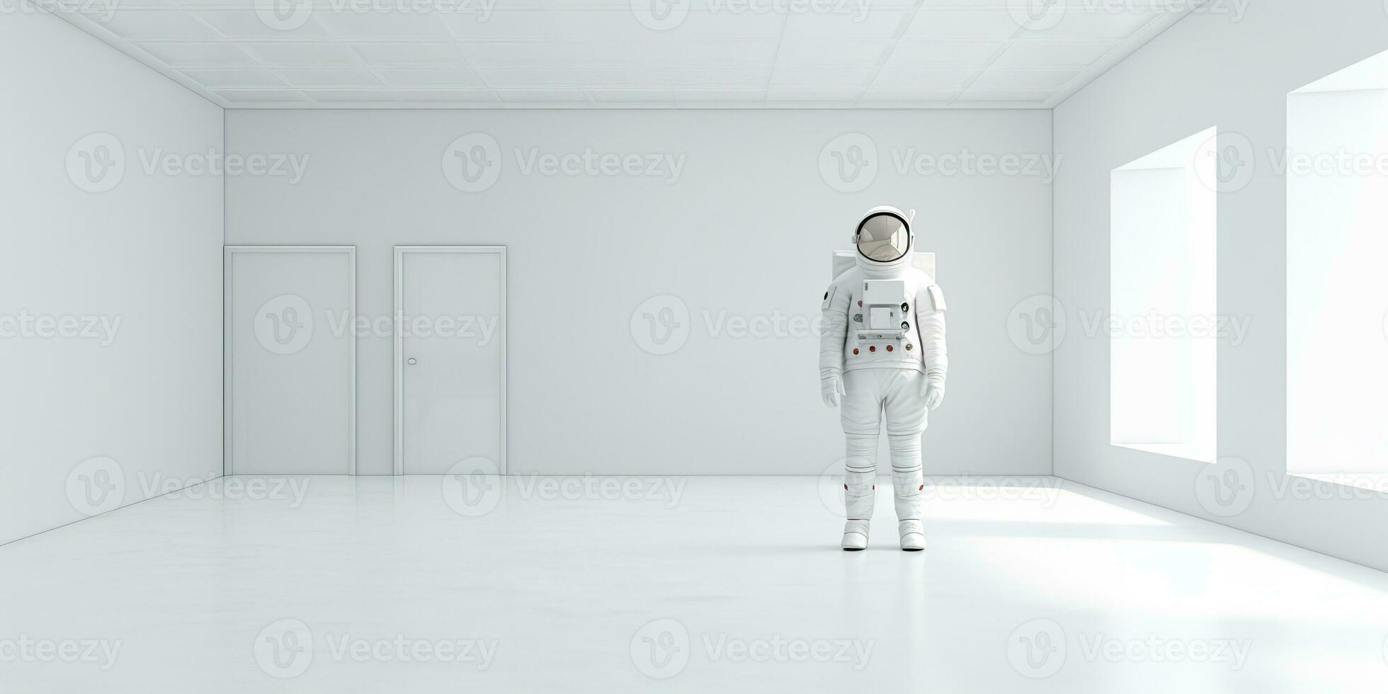 AI Generated. AI Generative. Astronaut in white empty room. Minimal space adventures suit view. Graphic Art photo